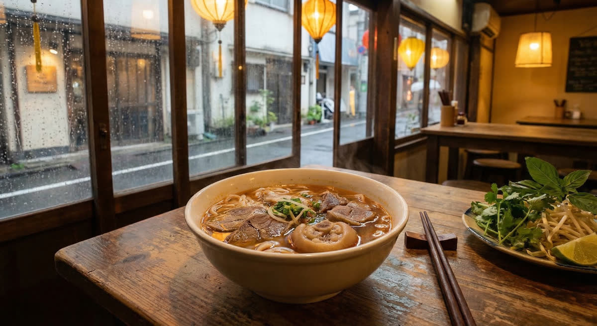 日本のベトナム料理店でブンボーフエを食べる