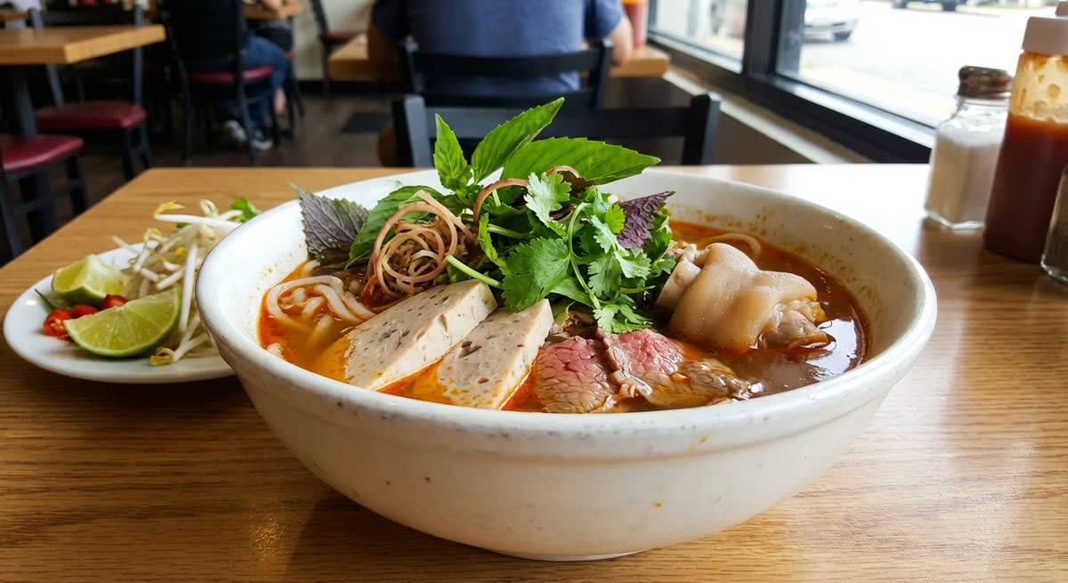 ブンボーフエの一杯、牛肉と太麺が入ったスパイシーなベトナム麺料理