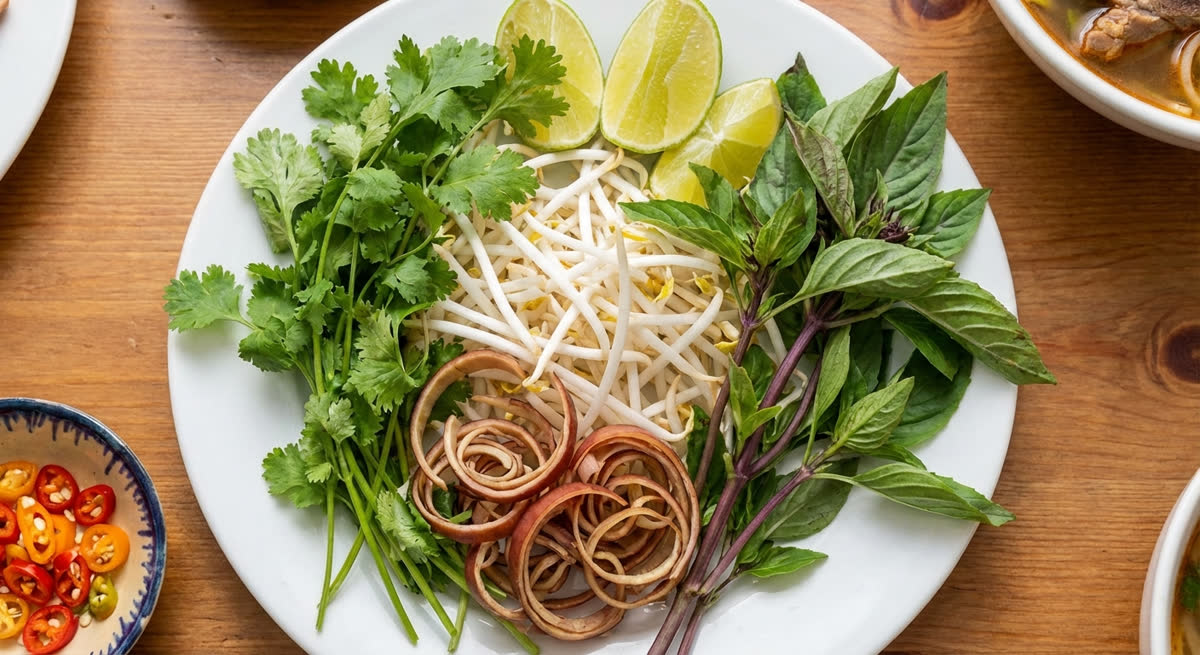 ブンボーフエに添えるハーブプレート、パクチーやもやし、ライム