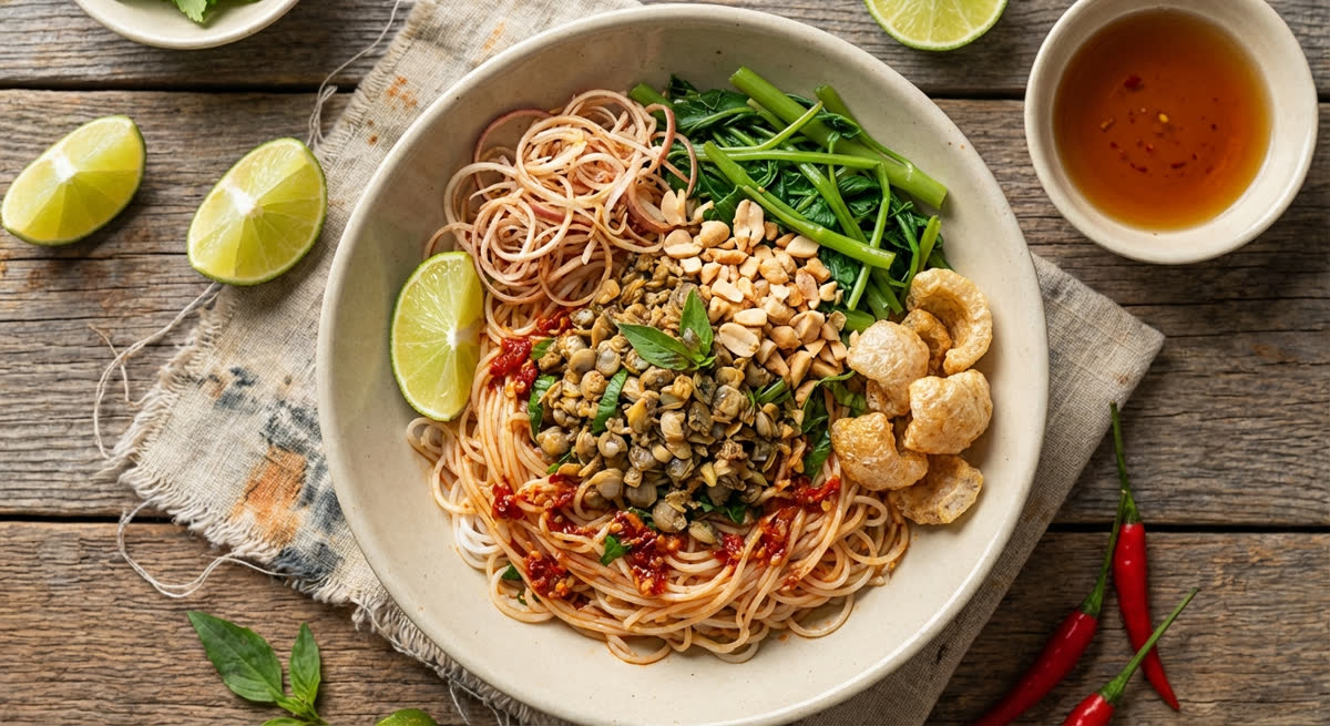 ブンヘン（Bún Hến）- フエの冷たい混ぜ麺、シジミ、バナナの花、ピーナッツ