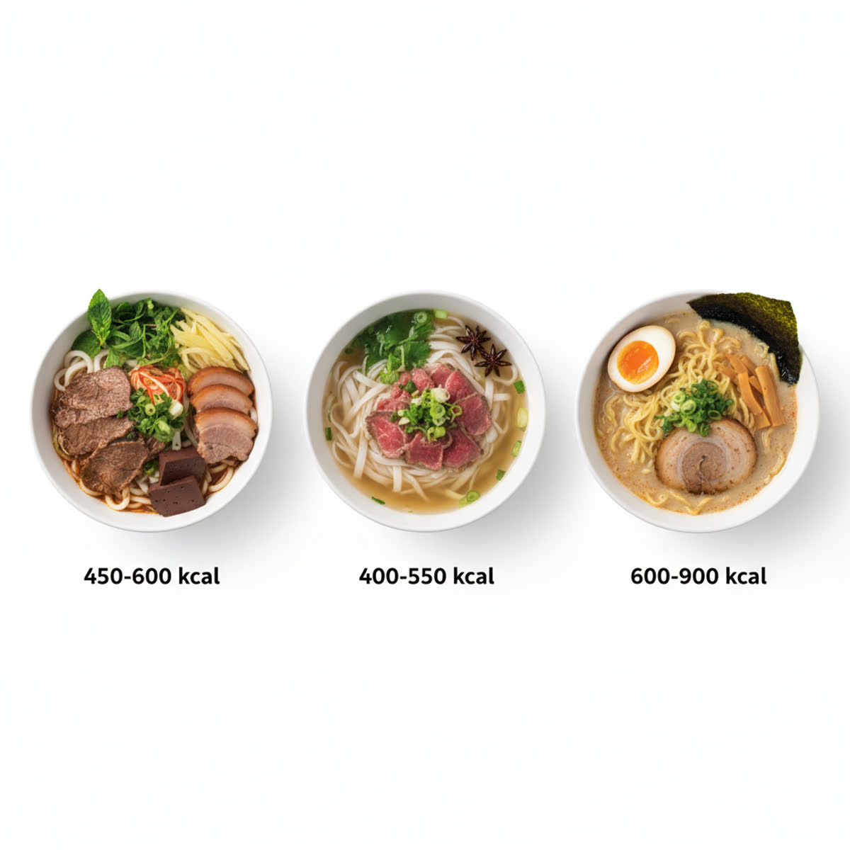 ブンボーフエ、フォー、ラーメンの三杯を並べたカロリー比較写真